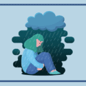 Depressed woman sitting under a rainy cloud feeling alone.